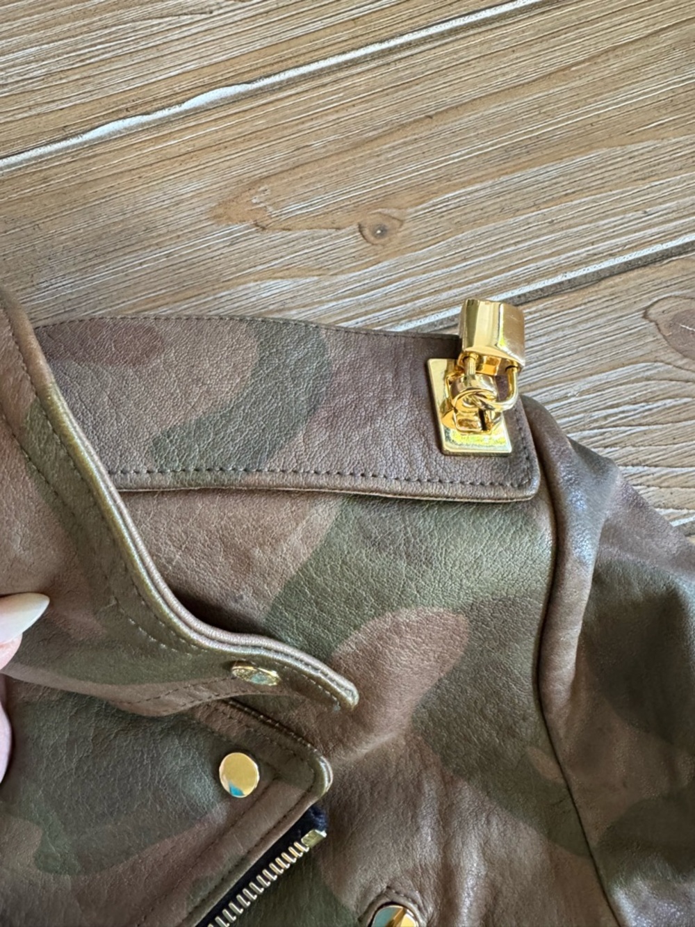 Camo Leather Moto Jacket with Gold Hardware from Kardashian closet/2022 or 2023 - Picture 3 of 11